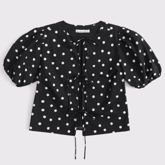Abercrombie & Fitch Tie Front Top Black White Size XS Polka Dot Short Sleeve - Picture 2 of 8